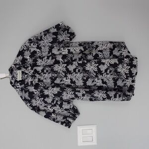 Coastaoro Men's Button Up Short Sleeve Navy Blue White Tropical Print - Size L